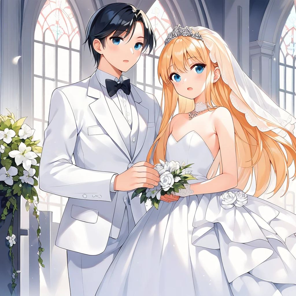 masterpiece , best quality , monochrome , lineart , 1 girl , 20 years old , flat chest , long hair , black hair , Wedding dress , 1 boy , white tuxedo , golden hair , short hair , 20 years old , a woman folds a man's arms , standing , open eyes , open mouth , cowboy shot , front , white backqround , simple backqround , church , wedding ,