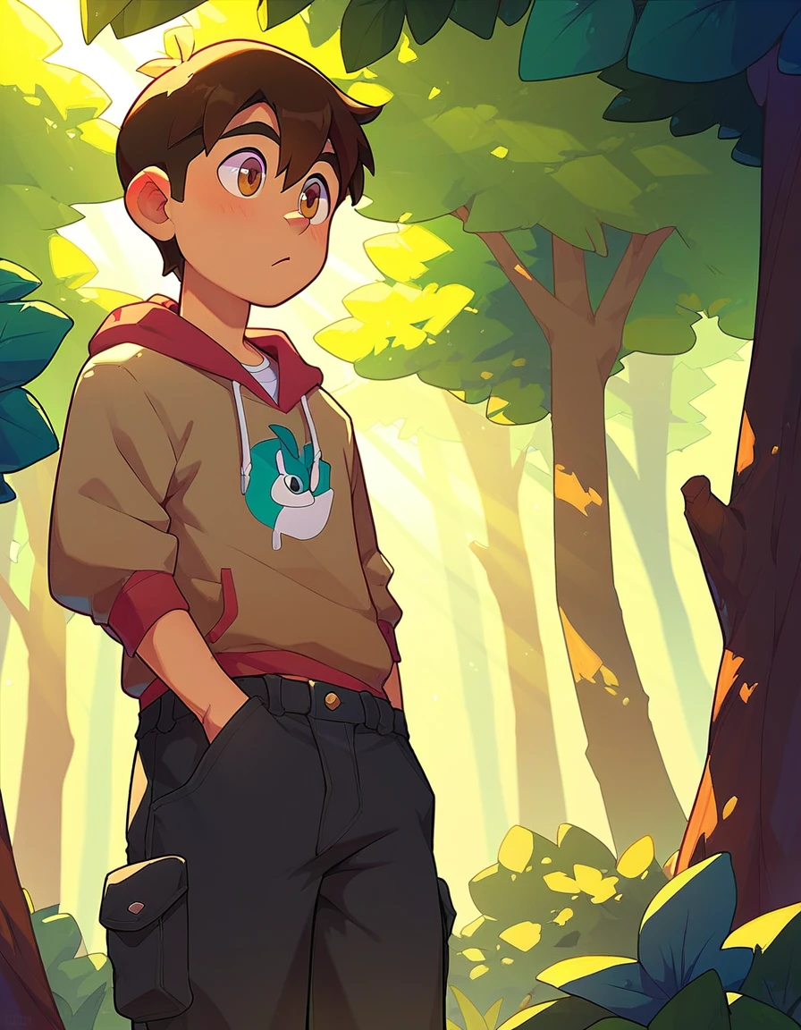A teenage boy with dark brown medium-length hair that falls between his eyes, wearing a brown hoodie and black cargo pants. He is standing in a forest with sunlight filtering through the trees, giving a serene atmosphere. The boy has brown eyes and an intense, thoughtful expression