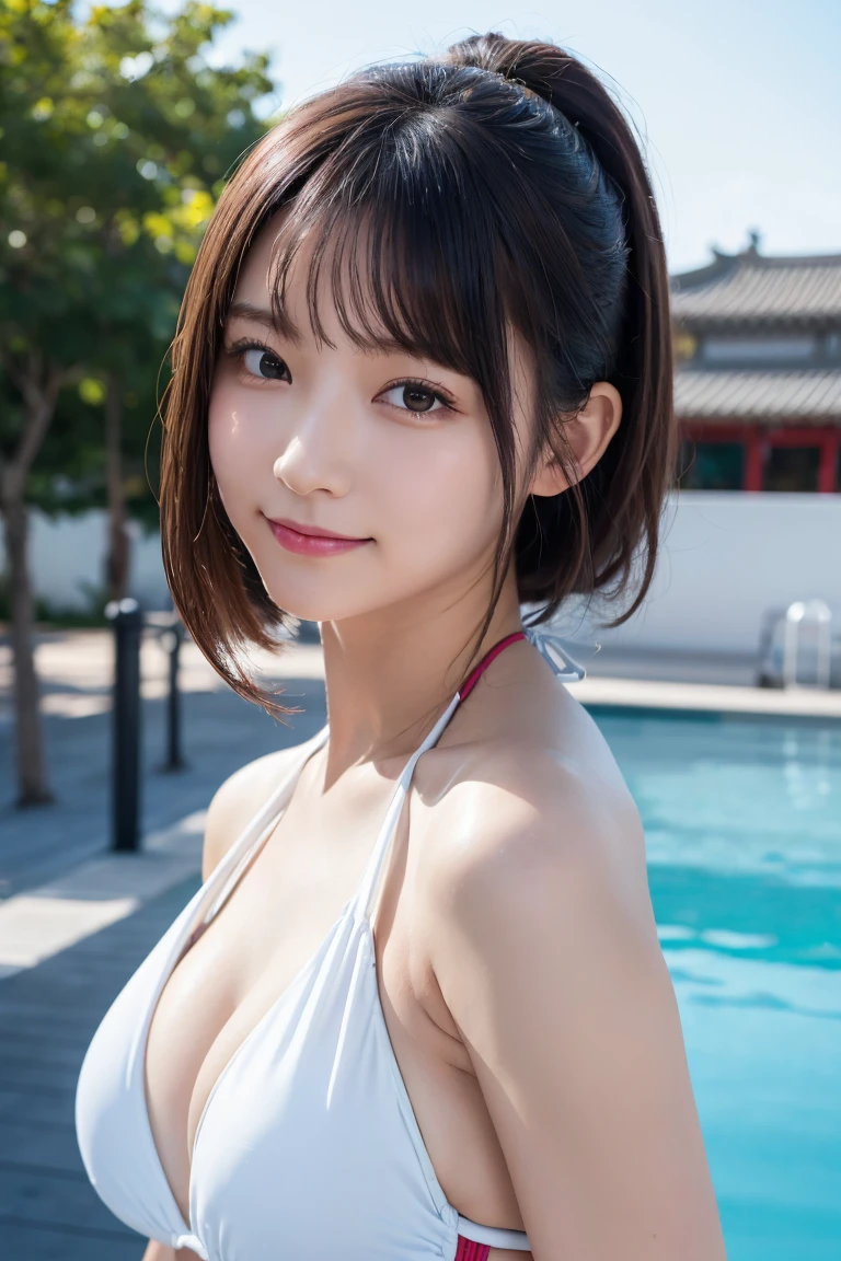 ((スポーツSwimwear:1.3)), Swimwear, Skin color, big , smile, (8K, RAW Photos, Highest quality, masterpiece:1.2), masterpiece, super detailed, super high quality, (Realistic and photorealistic photography:1. 37), High-resolution RAW color photos, Very delicate and beautiful, highly detailed, 8K壁紙, wonderful, detailed, Very eye, very detailed, very detailed skin, very thin fingers, very detailed nose, very detailed mouth, Perfect Anatomy, Upper Body, 、(China dress:1.3)、Female Band、live、((Upper Body:1.3)), Nogizaka idol, Korean Idol, Idol sculpture&#39;Pause, 18-year-old, cheap, Cafe, restaurant, Italy, deer, Australia, break ((Upward glance)), ((angle From above: 1. 3)), From above, Looking into the camera,
