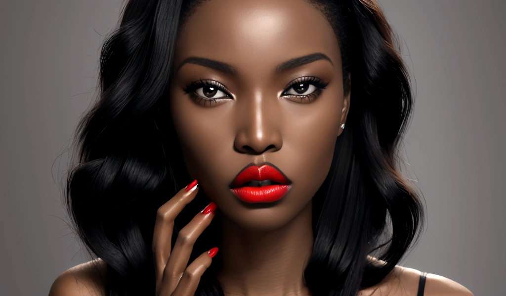 African woman with red lips and black clothes, Bright red nails，Press your hands on your face, deep Red lips, dark Red lips, Ideal face model, Beauty Retouching, Dark lips, Sexy lips :5. Fashion, Dark lipstick, Cosmetics Activities, Red lipstick on face, focus on pursed lips, Sexy face with full makeup, Red lips
