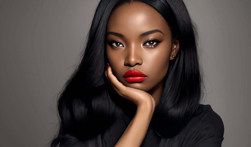 African woman with red lips and black clothes, Bright red nails，Press your hands on your face, deep Red lips, dark Red lips, Ideal face model, Beauty Retouching, Dark lips, Sexy lips :5. Fashion, Dark lipstick, Cosmetics Activities, Red lipstick on face, focus on pursed lips, Sexy face with full makeup, Red lips
