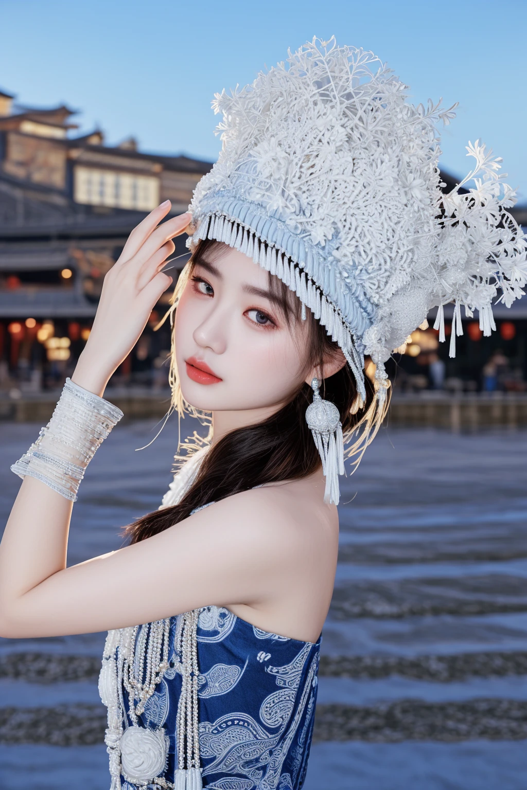 araffe woman in a blue dress and a white hat, shot on canon eos r 5, shot on canon eos r5, captured on canon eos r 6, traditional chinese, shot on nikon z9, chinese woman, queen of the sea mu yanling, inspired by Jin Nong, chinese girl, taken with canon eos 5 d mark iv