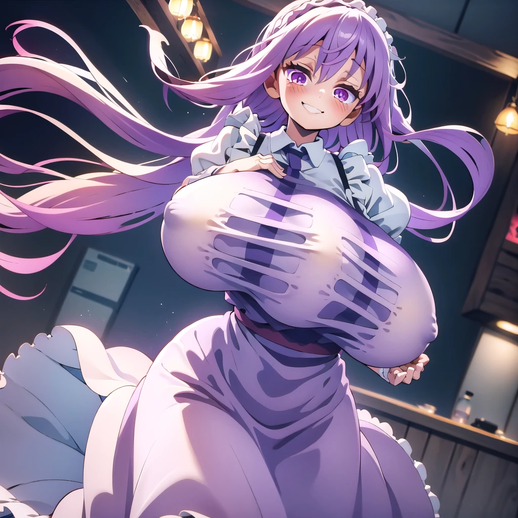 1 girl, game cg, brown short frilled dress, small apron, ((gigantic breasts)), light purple hair, long hair, french braid, purple eyes, smile, white background, own hands clasped,