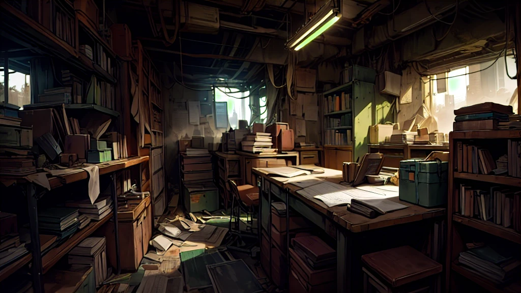 investigation room, board, dark, lamp, warm, paper, books, dystopia, green and brown, post apocalypse, mechanic