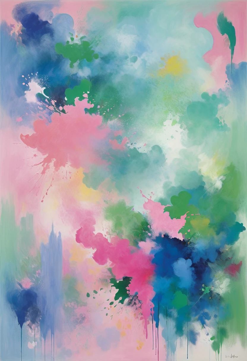 抒情abstract, pink、blue and green mist, 略显abstract, 灵感来自汉斯·Hoffman, abstract现实主义, abstract, abstract丙烯画, abstract技巧, abstract印象派, With this picture carrier，Generate an image with a certain artist（matisse、Hoffman，Cézanne，Chagall，miro）Works in five artist styles，Fusion of five artistic styles，The picture has a certain contemporary quality，Contains contrasting colors，Complementary colors，Adjacent colors，Area comparison，Chiaroscuro，A work with a strong sense of space。Fully reflects the styles and integration of the five artists，Don&#39;t show characters，Don&#39;t show characters，Don&#39;t show characters