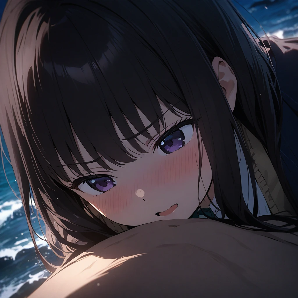 ( Inoue takina, ), (cinematic lighting), (masterpiece, best quality, ultra detailed), ( girl, pov, hetero, ), (tender expression, ), sea, (( ffm threesome, )),
