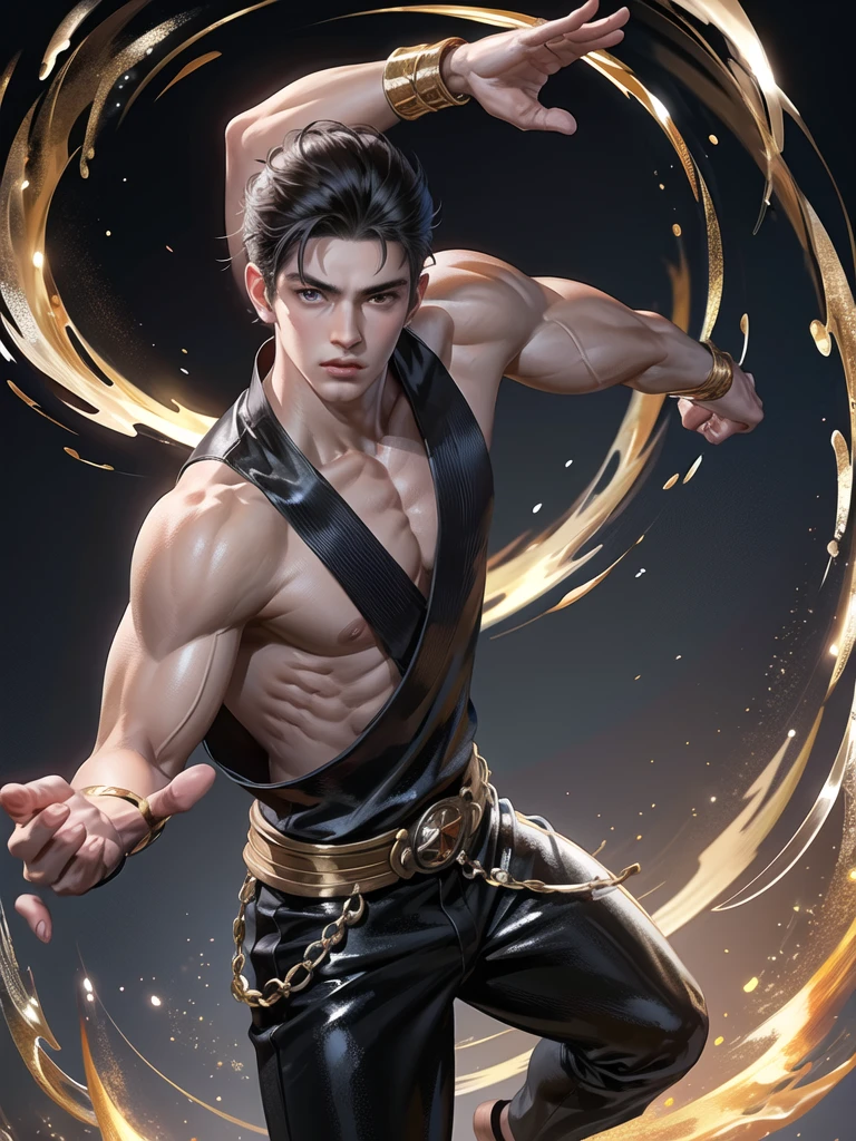(Martial arts style works),(quality),(height) ,1 boy,light black eyes, short dark white hair., alone,(A detailed background of a young boy.),The face is handsome and detailed..,fairy tale,(human race),The muscles were big and shiny....,Image of the creation of a dark magic camp,light narration film,cannot'Can't see the view.,cannotมองวิว..,light and shadow,Wear beautiful traditional Chinese clothing with perfect details...(No pants),Dressed in beautiful red and white traditional Chinese clothing...,Fine jewelry website, style,hand element,, There was a delicate turquoise ring surrounding the darkness element behind it.