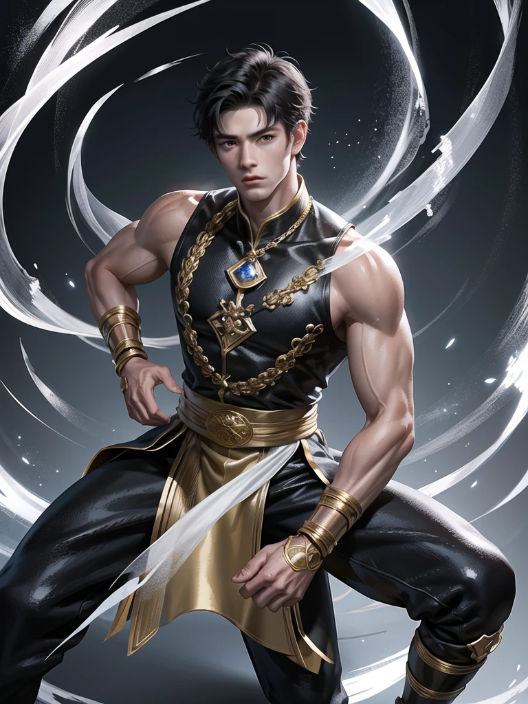 (Martial arts style works),(quality),(height)   ,1 boy,light black eyes, short dark white hair., alone,(A detailed background of a young boy.),The face is handsome and detailed..,fairy tale,(human race),The muscles were big and shiny....,Image of the creation of a dark magic camp,light narration film,cannot&#39;Can&#39;t see the view.,cannotมองวิว..,light and shadow,Wear beautiful traditional Chinese clothing with perfect details...(No pants),Dressed in beautiful red and white traditional Chinese clothing...,Fine jewelry website, style,hand element,, There was a delicate turquoise ring surrounding the darkness element behind it.
