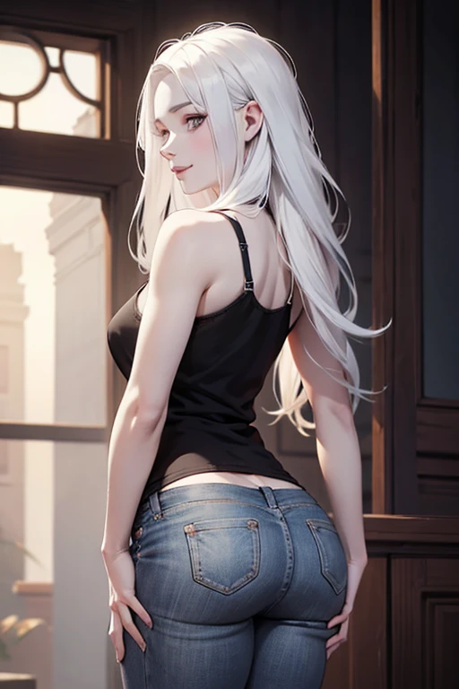 ((back view, cute butt:1.4)),(black clothing:1.3).Cute 18 yo (albino:1.4)woman of Slavic descent.(short:1.1), , long white hair, gray eyes, ((very pale:1.4)). Innocent look. Gentle spirit.(virgin), (black tank top, jeans,), necklace, (black Mary Janes with straps).(joy),((smile)).Masterpiece, best quality(highly detailed:1.2),(detailed face and eyes:1.2), depth of field, 8k wallpaper, studio lighting, core shadows, high contrast, bokeh.