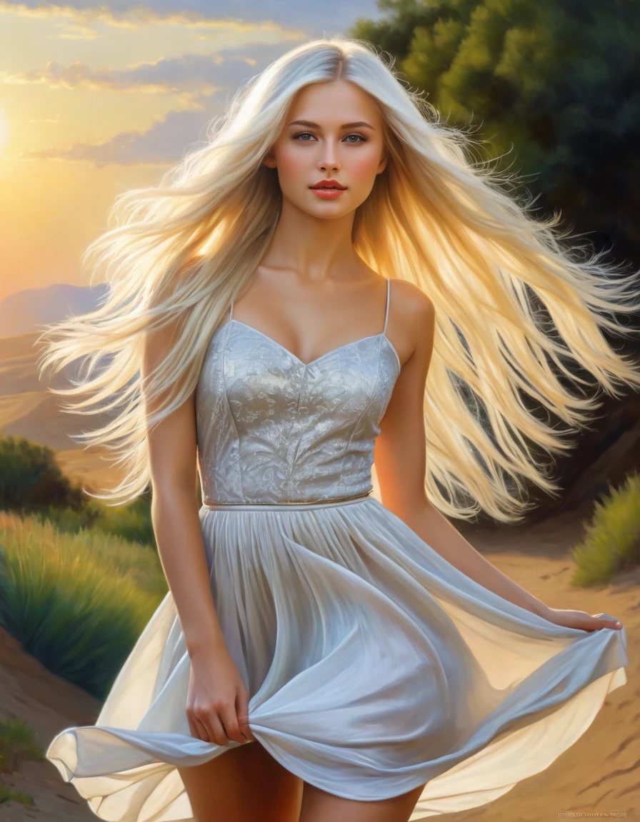 very attractive caucasian 25 year old girl with long platinum blonde hair, woman in dress, 1mujerl, only, sun skirt, fotorrealist, realism, realist, Human, very realistic