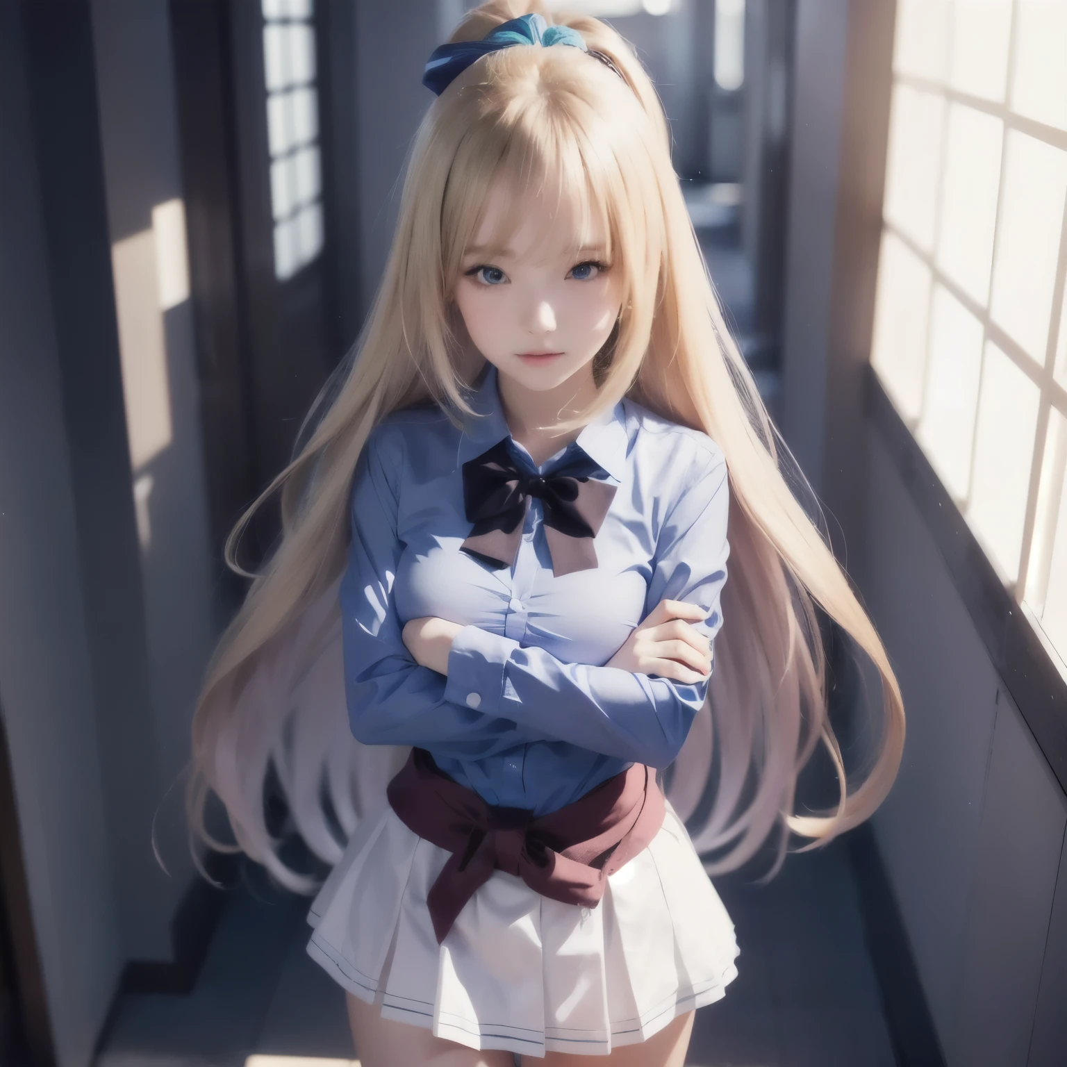 anime girl with long blonde hair and blue eyes standing in a hallway, anime visual of a cute girl, kei karuizawa classroom of the elite, beautiful anime high school girl, young anime girl, an anime girl, cute anime girl, a hyperrealistic , beautiful anime girl, blonde anime girl with long hair, anime best girl, portrait of an anime girl, anime girl, beautiful anime portrait