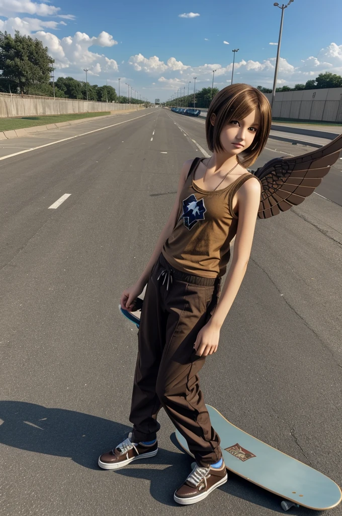 Michael Afton winged brown hair anime girl,Big bust,skateboard,star neckline and baggy pants