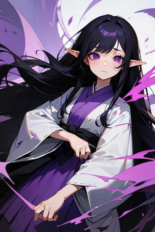 Long black hair、Droopy eyes、Purple Eyes、Elf、Purple-based Japanese-style dress、Girl、cute