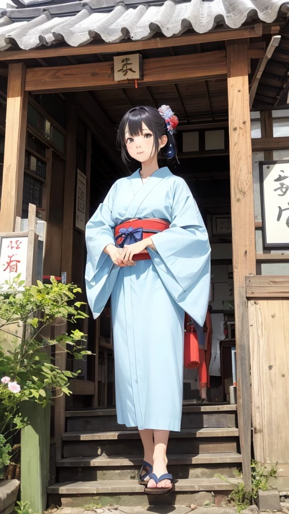Japanese style light blue kimono、Visiting a shrine