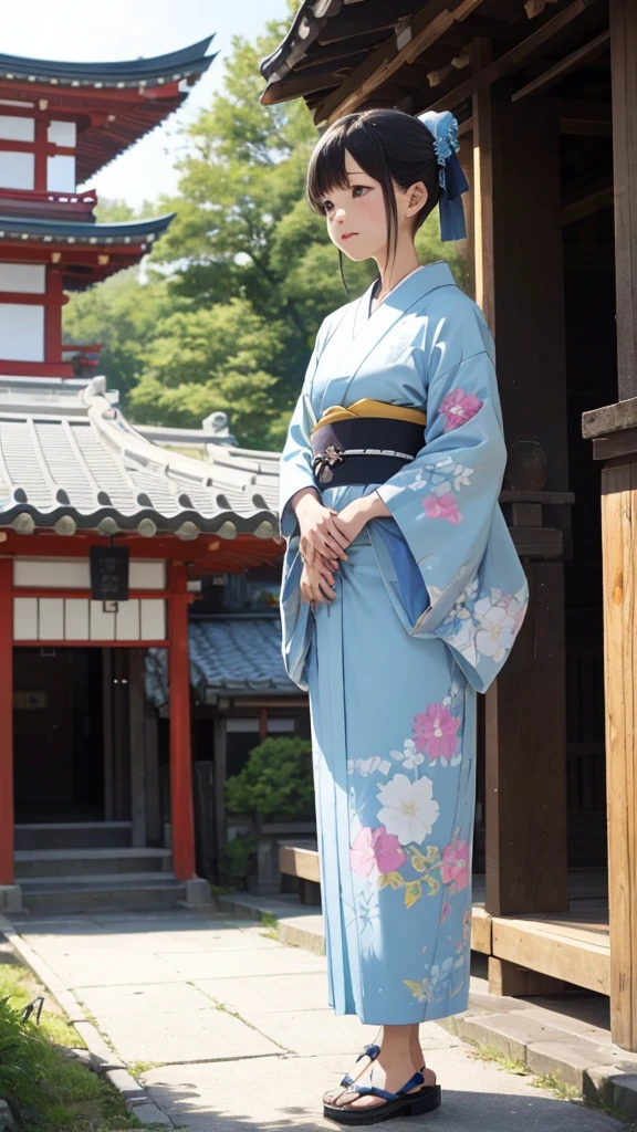 Japanese style light blue kimono、Visiting a shrine