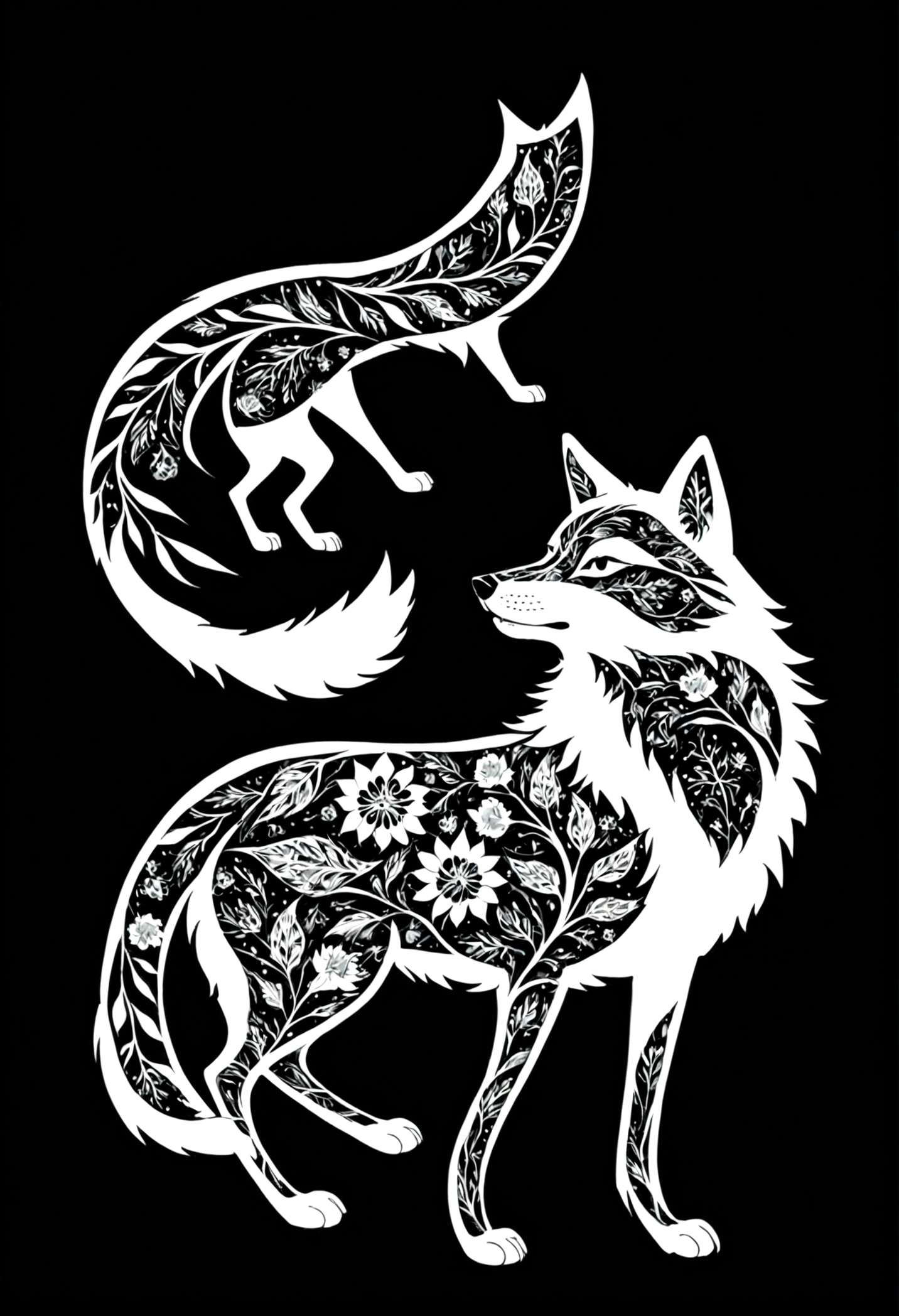A wolf and a white silhouette design，Black Background，Beautiful silhouette，looking at the camera，Biologically correct