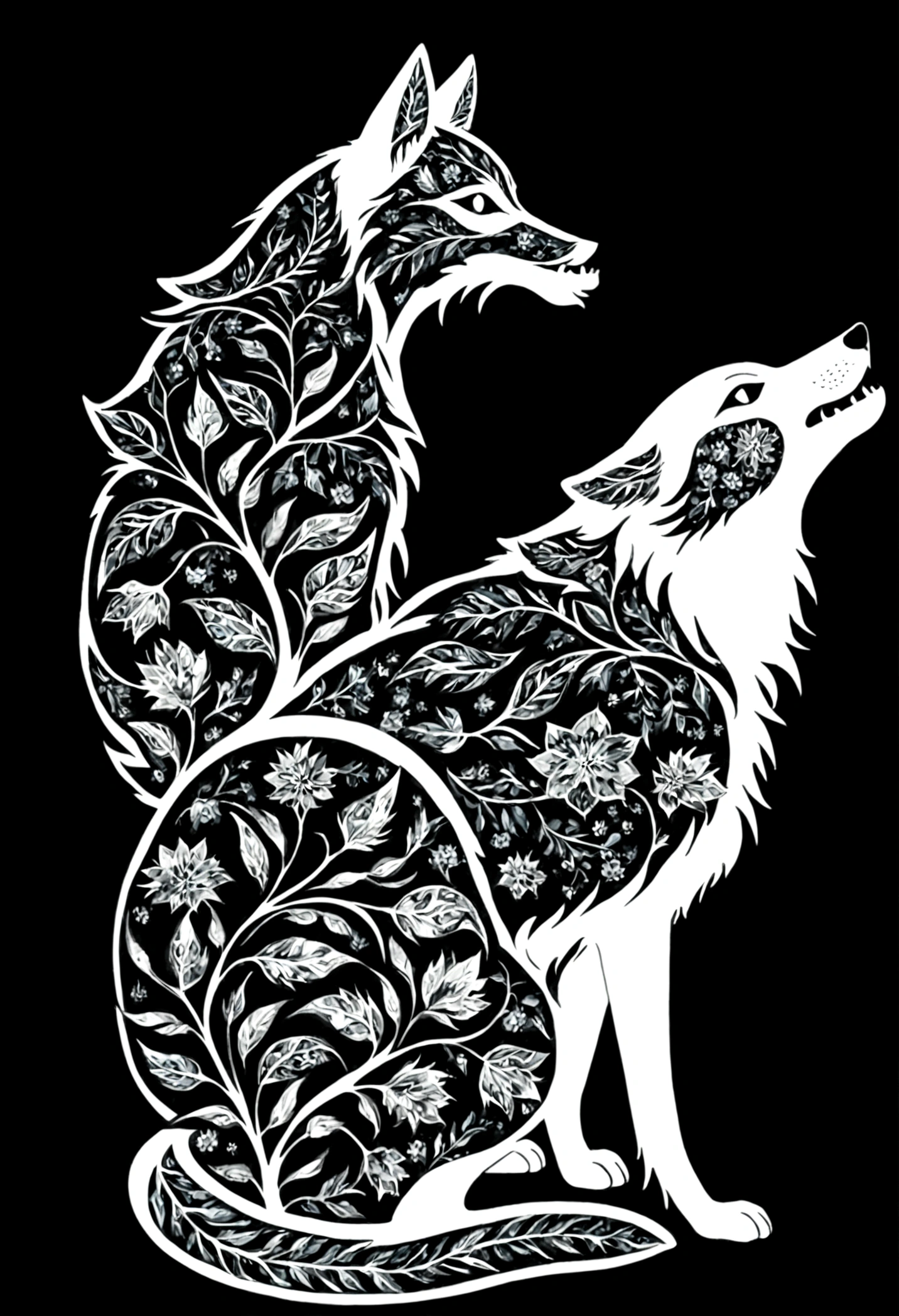 A wolf and a white silhouette design，Black Background，Beautiful silhouette，looking at the camera，Biologically correct