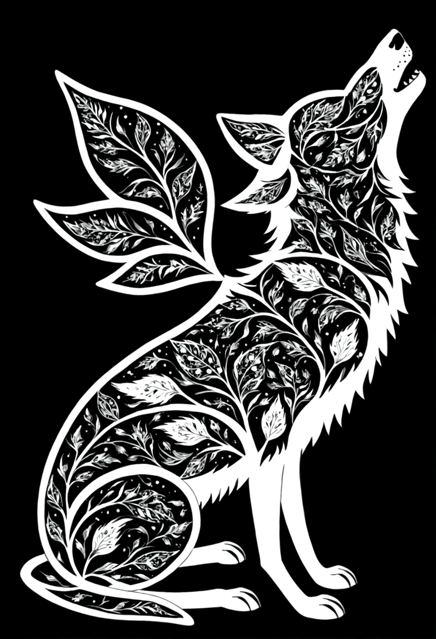 A wolf and a white silhouette design，Black Background，Beautiful silhouette，looking at the camera，Biologically correct