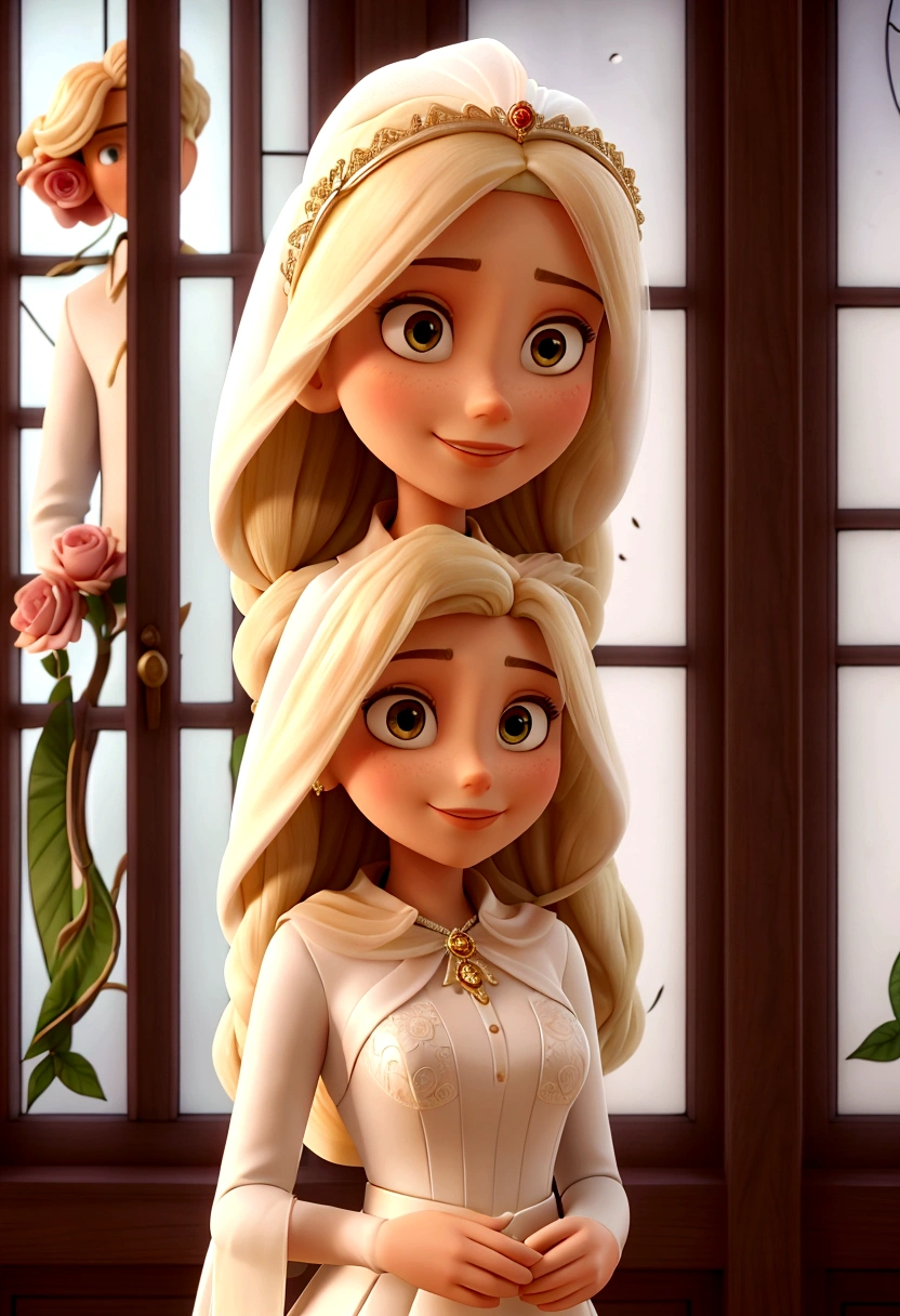 A close-up of a 3D rendering depicts a bride and groom dressed up for a wedding ceremony. The bride is on the left side of the frame, her long blonde hair falling to her shoulders. The elegant hijab draped over her head adds elegance. The groom on the right side of the frame is wearing a dark gray suit, white shirt and black tie. A rose delicately placed on her collar adds color to the scene. The background has a stained glass window that adds elegance to the scene.