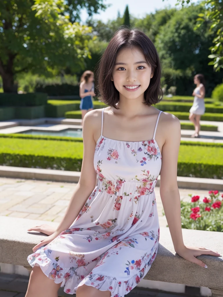 masterpiece, highest quality, disorganized, perfect anatomy, 1 girl, alone, pascal tales, short hair, beautiful, Hilarious, sunny day, botanical garden, Summer winds, sundress, Floral, wavy hair, smile