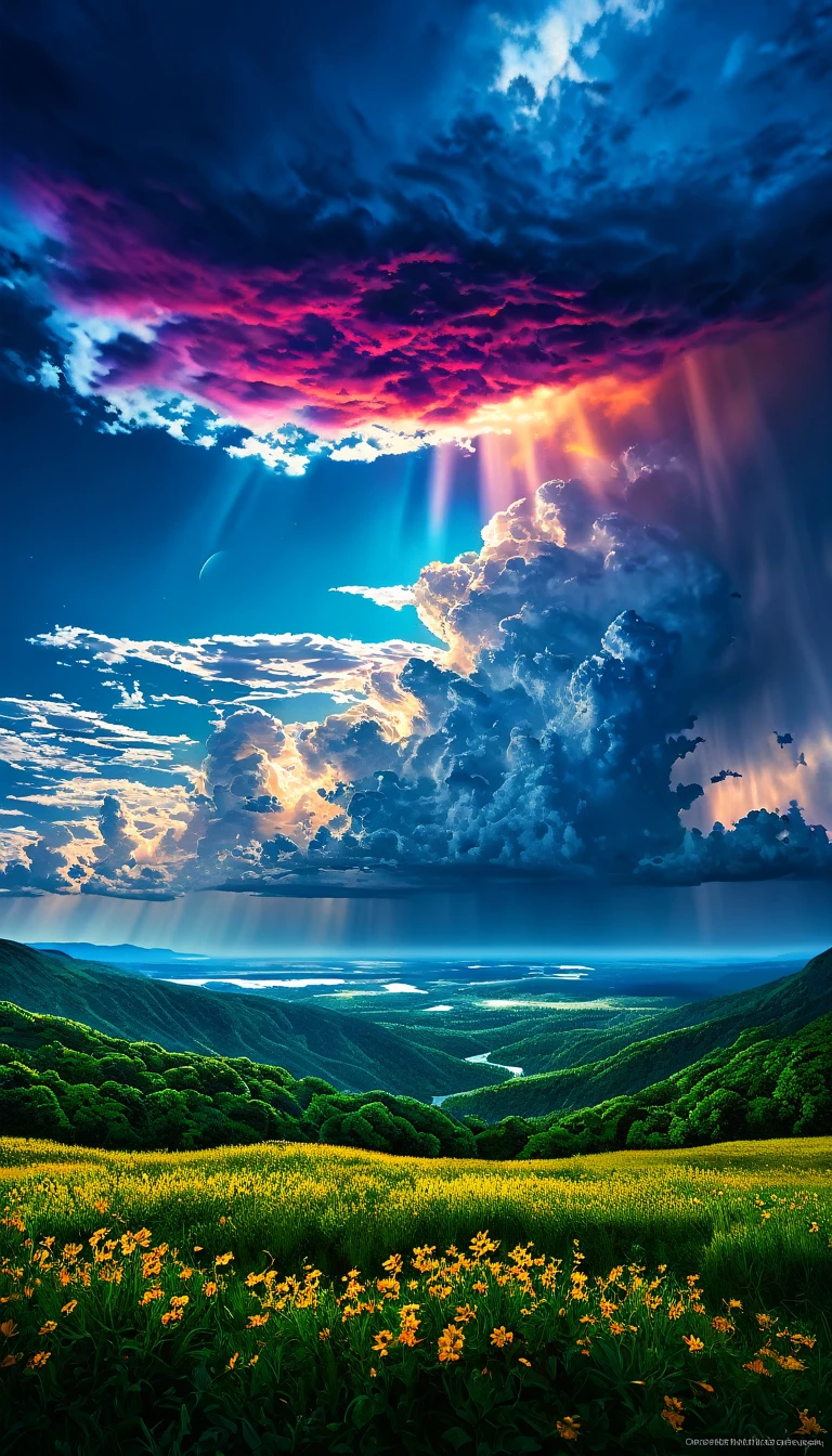 summer sky,photorealistic,highly realistic,extreme details,breathtakingly realistic,high contrast realism,high saturation realism,vibrant colors,dramatic lighting,captivating landscape,compelling storytelling,atmospheric scene,mesmerizing visuals,intricate details,strong emotions,celestial beauty,dreamlike world