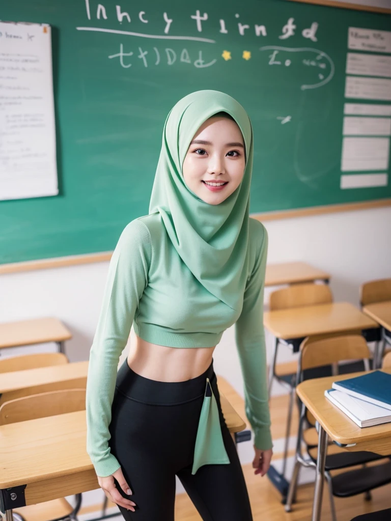 25 years old American teacher, pastel green tight sweater tucked in the legging, high waist legging, green hijab, standing at the classroom, small breast, flat chest, no bra, smiling, greeting the viewers, say hi!.