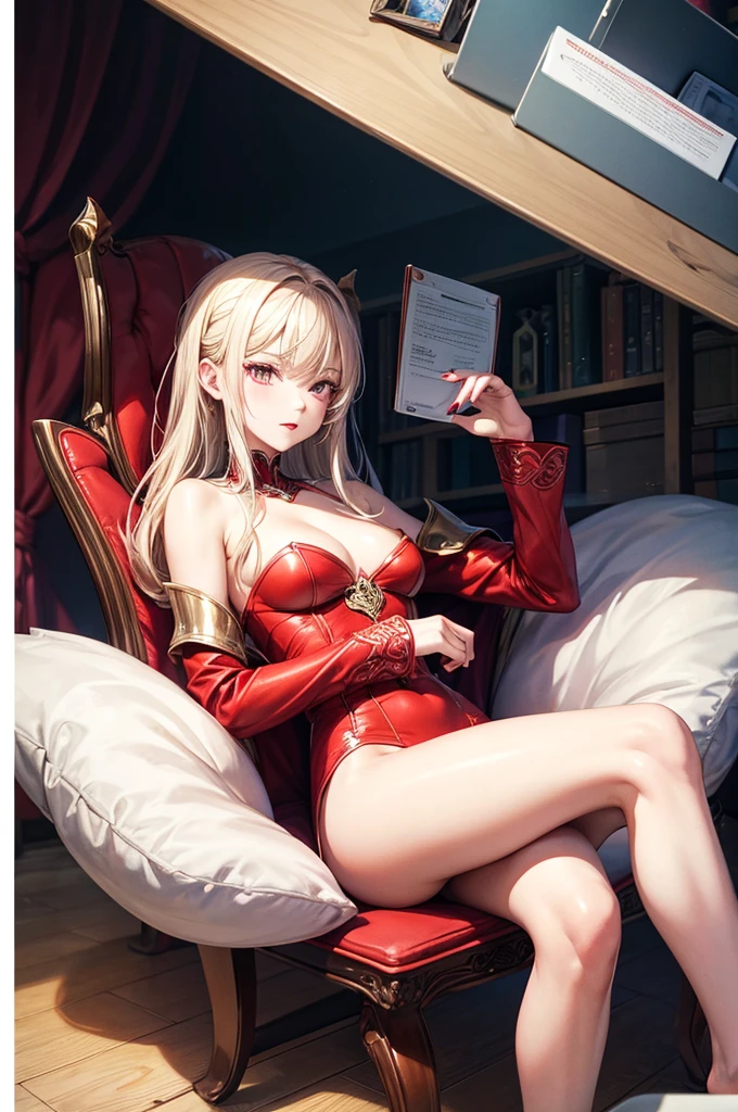 A woman in a red coat sits on a chair，There is a dragon next to it, Popular on ArtStation Pixiv, Detailed anime artwork, Detailed digital animation art, Complex and gorgeous anime CGI style, Gurvez on pixiv art station, Gurvez on pixiv, Anime Fantasy Illustrations, Detailed anime art, clean Detailed anime art, Detailed key animation art, Red lips slightly parted, nude