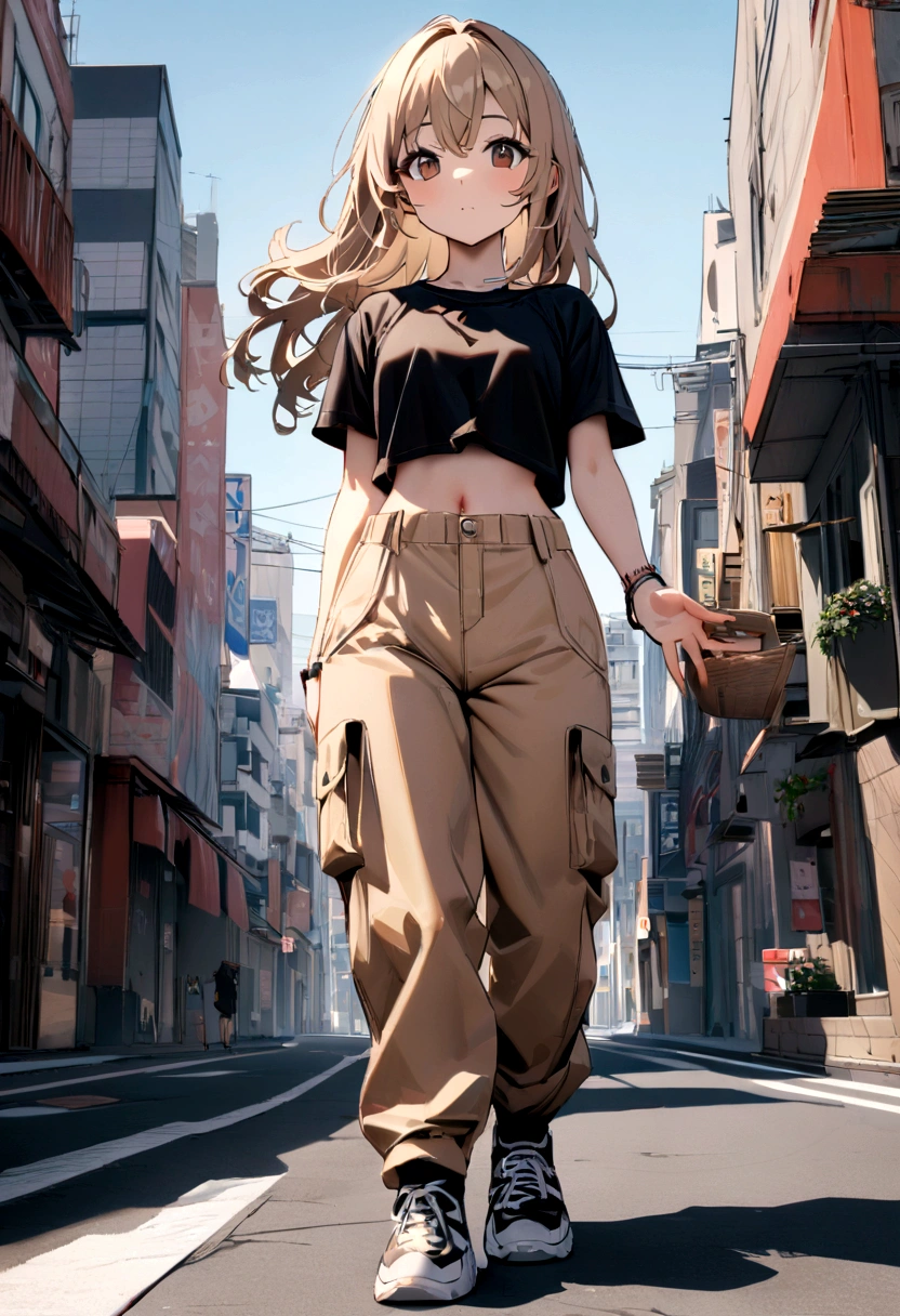 Cute 18 year old American girl, Gorgeous messy light brown hair, Brown eyes, Wearing beige cargo pants , Black crop top, city, High resolution, Super sharp, 8K, masterpiece, View your viewers, Full body image