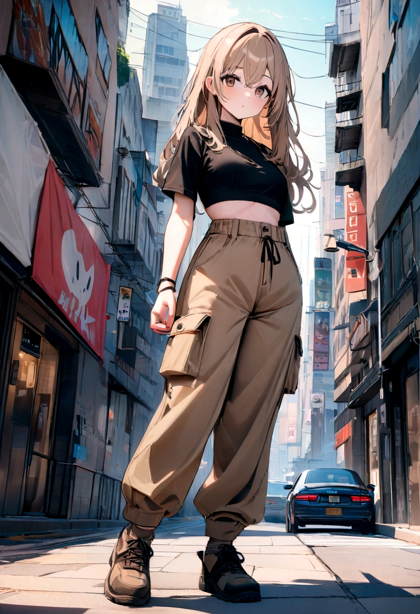 Cute 18 year old American girl, Gorgeous messy light brown hair, Brown eyes, Wearing beige cargo pants , Black crop top, city, High resolution, Super sharp, 8K, masterpiece, View your viewers, Full body image