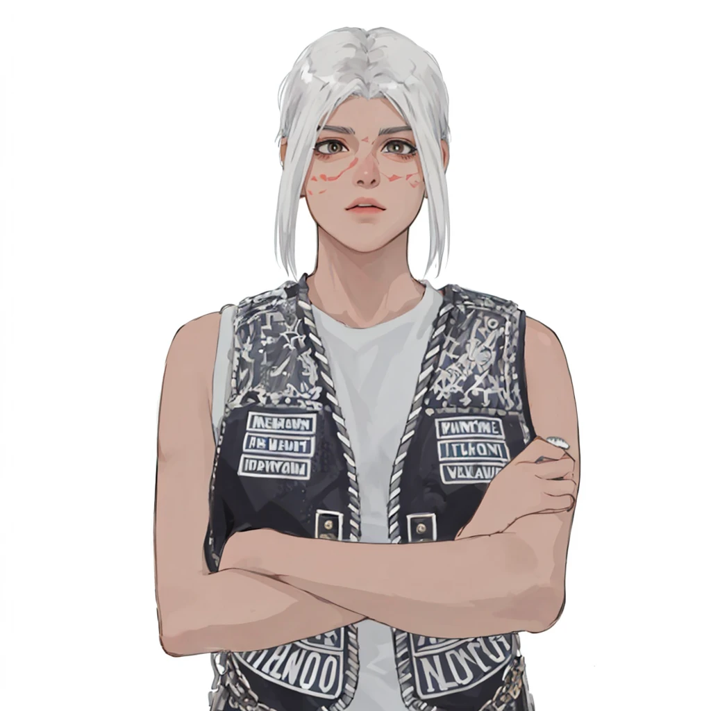 (masterpiece:1.2, best quality), (1girl, solo, upper body:1.2),flat face,Hair: buzz cut, Clothing: oversized, distressed denim jacket with patches and pins, paired with black skinny jeans and combat boots, Hanging out in an underground music venue or street art exhibit