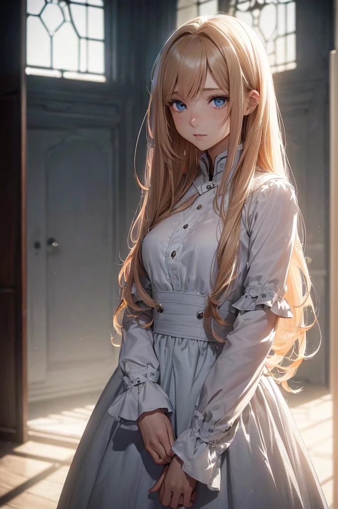 ((1 Female, 1 person, Solitary) Alice, Humanity, Long curly blond hair, blue eyes, freckle, teenager, 18 years, Rebirth_ongoing) (Main Part, Super detailed, 8K, (HD, Sunlight:0.5, Soft_shadow:0.5, atmosphere_light, 8K, 4K, Surrealism, elegant, ((((Appearance)))), Soft Ton, 柔和的light))(((Dark, Chiaroscuro)))