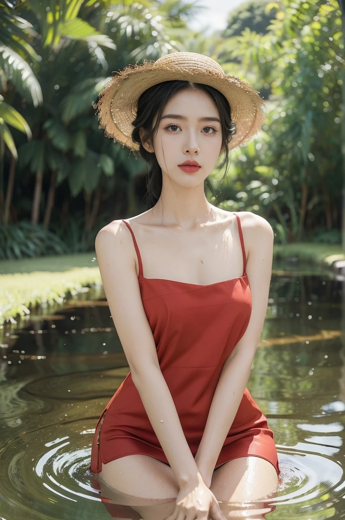 (((best quality))),(((ultra detailed))),(((masterpiece))),illustration,1 beautiful girl,slim,straw hat,shiny skin,dark skin,sweat,wet,flat chest,short red qipao,bare arms,sitting in paddy pool,upper body,elegant, clear sky, sunlight, dreamy, contrast, natural,Chinese rural landscape,The body below the neck is in water