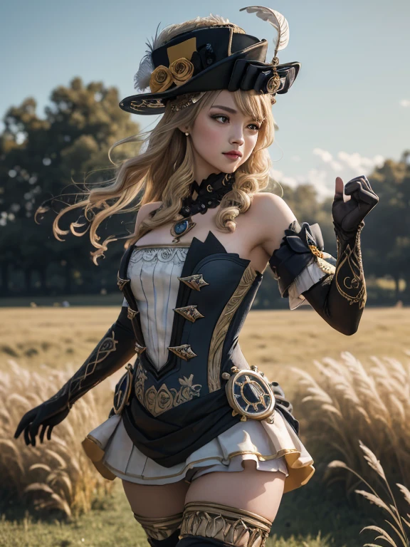 ((best quality)), ((masterpiece)), (detailed), (high-resolution), 1girl, navia, black headwear hat flower hat feather black thighhighs blackgloves boots ，wariza, bare shoulders，Perfect light and shadow, 85mm, Canon, f/2.8, UHD,RAW, retina, masterpiece, accurate, anatomically correct, textured skin, a girl, dance freely in grass field, raised her hand and expose her armpits while she dancing, (high quality), ((best quality)), ((masterpiece)), (detailed), 8K, Hyper-realistic, Bokeh