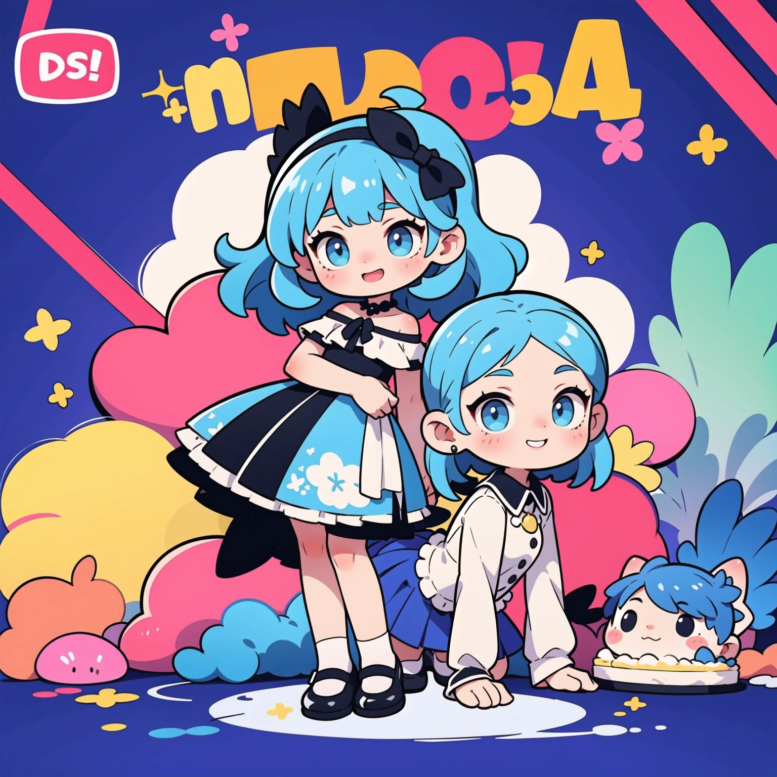 First place girl, best quality, masterpiece, Ultra-high resolution, 8K, (skirt,Small leather shoes) , soft line art, Digital enhancement, Girl comic style, Girls comics core,,  soft drawing, ((Beautiful long blue hair,Clear eyes)), (Bangs)), ((dress)),(cute),(Laughing happily)(Birthday cake in hand),(Ribbon background),Ultra-detailed digital animation art, The face is clearly depicted,  Clear facial features, Comic style, Top quality colors, You can see the angle of the feet, Pretty and beautiful: 1.5, high quality:1.3