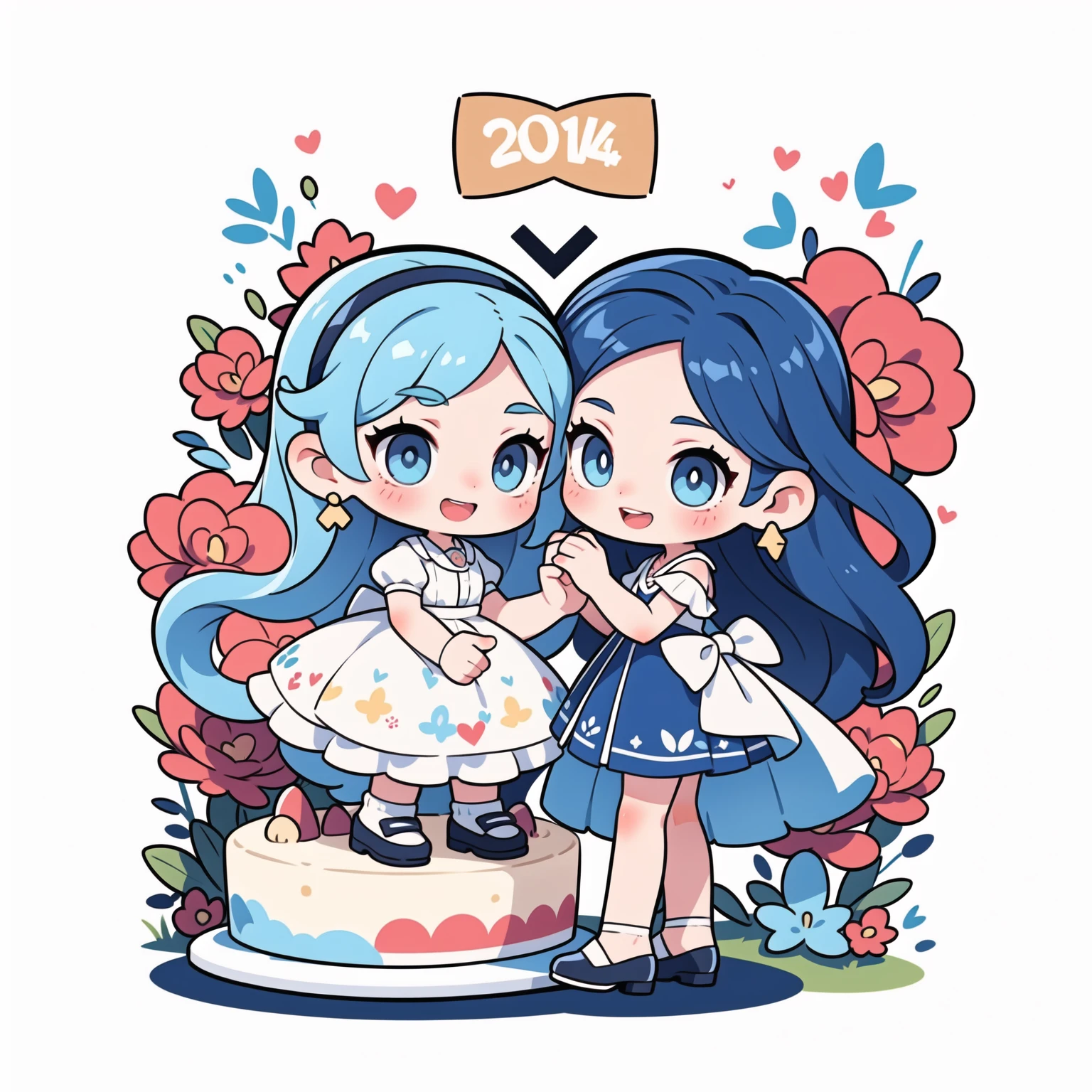 First place girl, best quality, masterpiece, Ultra-high resolution, 8K, (skirt,Small leather shoes) , soft line art, Digital enhancement, Girl comic style, Girls comics core,,  soft drawing, ((Beautiful long blue hair,Clear eyes)), (Bangs)), ((dress)),(cute),(Laughing happily)(Birthday cake in hand),(Ribbon background),Ultra-detailed digital animation art, The face is clearly depicted,  Clear facial features, Comic style, Top quality colors, You can see the angle of the feet, Pretty and beautiful: 1.5, high quality:1.3
