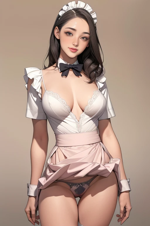 (masterpiece:1.2, Highest quality), (Realistic, photoRealistic:1.4), Beautiful illustrations、Bow tie staring at the audience,Front view, (((Maid clothes with wide open chest))) 30 years old、Perfect Face, Cute symmetrical face, Shiny skin, Random hairstyle、Big eyes, Droopy eyes, Long eyelashes、Beautiful thighs、Tall and beautiful hair, Beautiful Face, Beautiful and beautiful eyes, Beautiful clavicle, Beautiful body, Beautiful breasts, Beautiful thighs, Beautiful legs, Beautiful fingers, ((High-quality fabric)), (Beautiful views),(business office background), Are standing, (smile), (((Skirt flip, Panties are visible)))