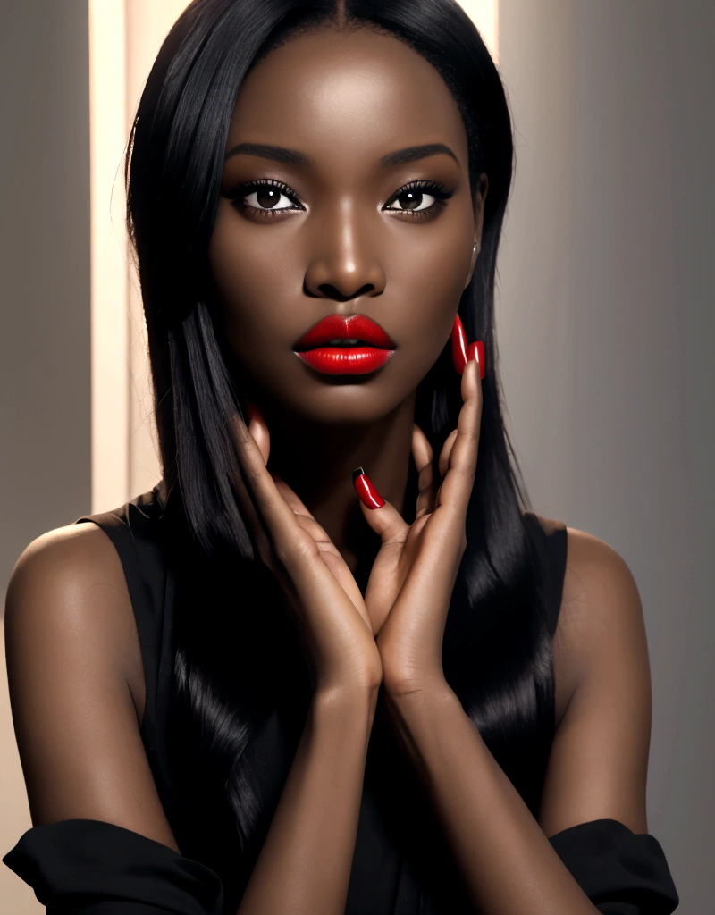 African woman with red lips and black clothes, Bright red nails，Press your hands on your face, deep Red lips, dark Red lips, Ideal face model, Beauty Retouching, Dark lips, Sexy lips :5. Fashion, Dark lipstick, Cosmetics Activities, Red lipstick on face, focus on pursed lips, Sexy face with full makeup, Red lips
