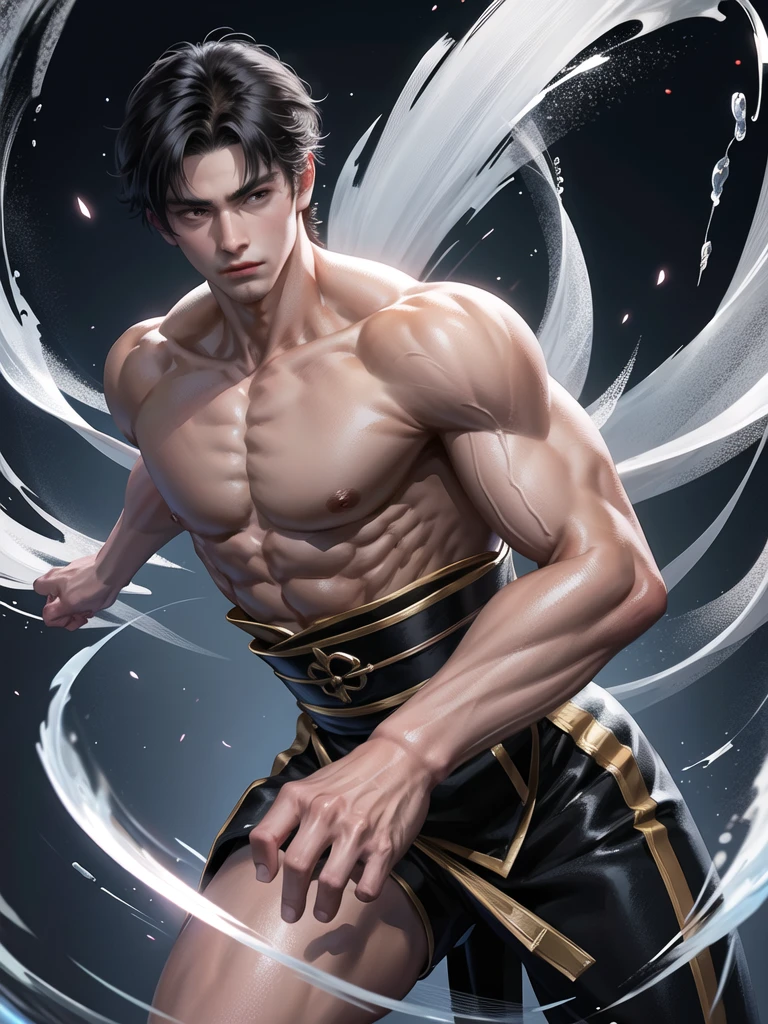 (Martial arts style works),(quality),(height)   ,1 boy,light black eyes, short dark white hair., alone,(A detailed background of a young boy.),The face is handsome and detailed..,fairy tale,(human race),The muscles were big and shiny....,Image of the creation of a dark magic camp,light narration film,cannot&#39;Can&#39;t see the view.,cannotมองวิว..,light and shadow,Wear cool traditional Chinese clothing with perfect details...(No pants),Wear a cool red and white traditional Chinese outfit...,Fine jewelry website, style,hand element,, There was a delicate ring of dark element surrounding the back around him.