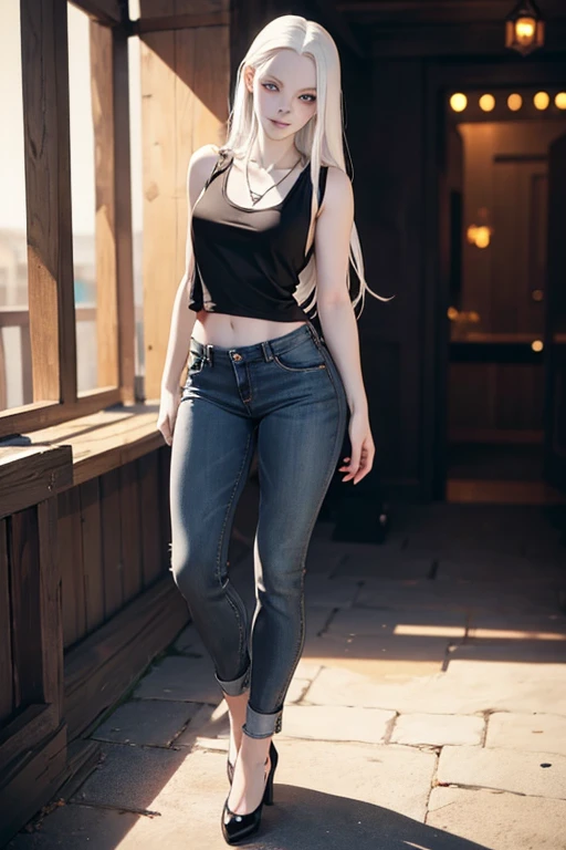((full body:1.4)),(black clothing:1.3).Cute 18 yo (albino:1.4)woman of Slavic descent.(short:1.1), , long white hair, gray eyes, ((very pale:1.4)). Innocent look. Gentle spirit.(virgin), (black tank top, jeans,), necklace, (black Mary Janes with straps).(joy),((smile)).Masterpiece, best quality(highly detailed:1.2),(detailed face and eyes:1.2), depth of field, 8k wallpaper, studio lighting, core shadows, high contrast, bokeh.