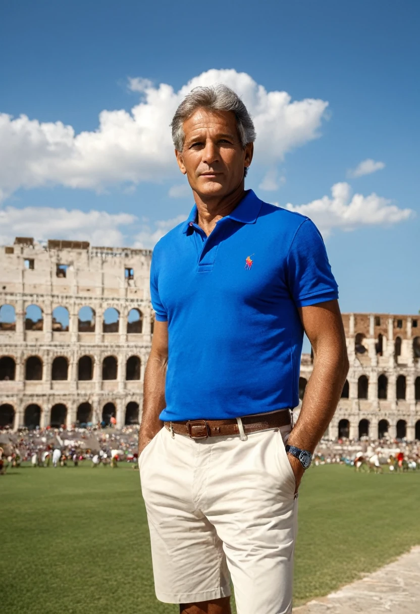 ((60 years old)) awesome Italian engineer, gray short hair, slim fitness, Mediterranean body and skin tone, blue ralph lauren polo, sport style attire, in front of the Coliseum, summertime, sunny day with puffy white small clouds in the sky, serene happy atmosphere, perfect photo portrait, bokeh, 8k epic detailed, Hasselblad photo, high budget, cinematic feel,  ((magical atmosphere, hyper realistic establishing shot)), intricate details