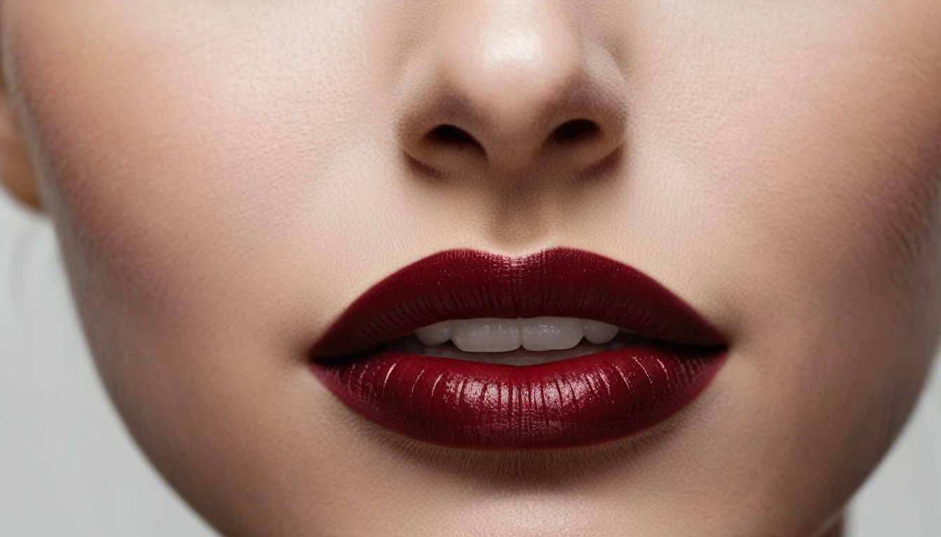 a gentle kiss, (A witch's smile that lifts the corners of her mouth), (evil smile:1.3),(Dark red lips, glossy lips), Focus only on the mouth, Woman mouth close up, from front