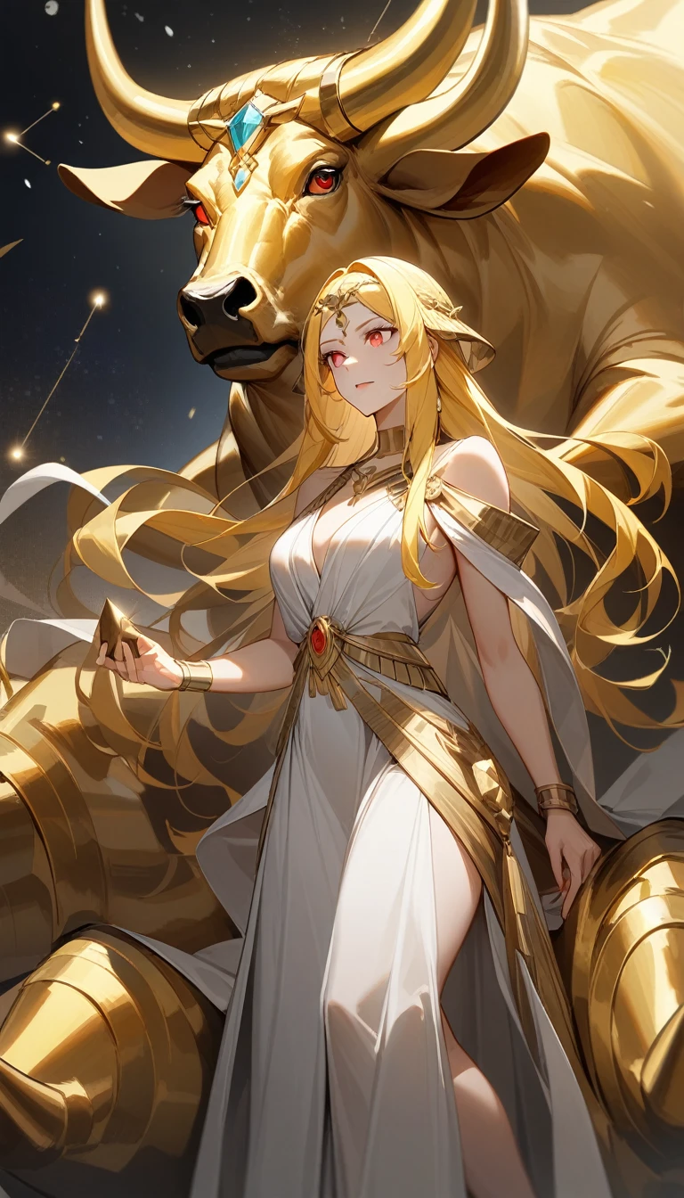 （Huang Li、high quality、Extremely detailed），Constellation Taurus Goddess，Giant golden bull，Woman stroking Taurus，Similar to Latin goodness，brave，capricious，Productivity，The face of enterprising and humanitarianism，Long yellow hair，Ancient Greek costumes、Wrap Dress，The background is the universe，Crystal red eyes（Eyes Details），Powerful appearance