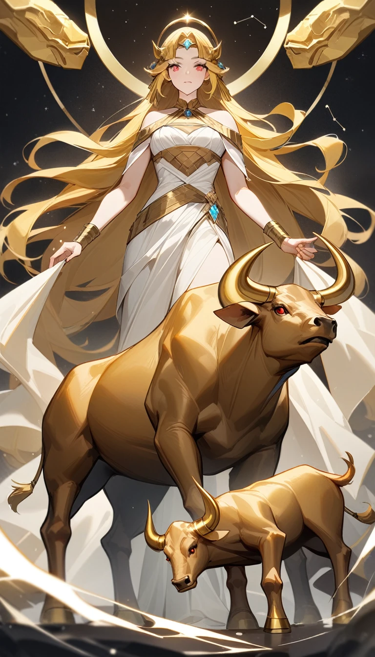 (Huang Li、high quality、Extremely detailed),Constellation Taurus Goddess,Giant golden bull,Woman stroking Taurus,Similar to Latin goodness,brave,capricious,Productivity,The face of enterprising and humanitarianism,Long yellow hair,Ancient Greek costumes、Wrap Dress,The background is the universe,Crystal red eyes(Eyes Details),Powerful appearance