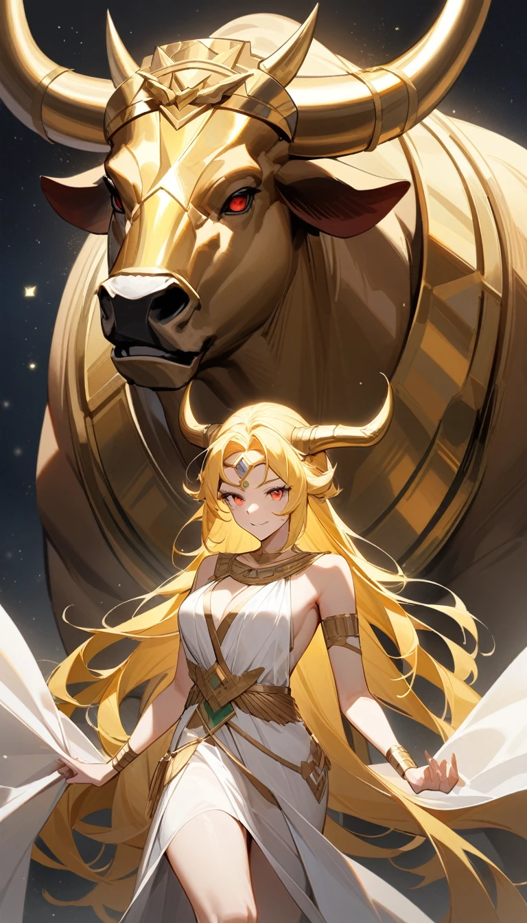 （Huang Li、high quality、Extremely detailed），Constellation Taurus Goddess，Giant golden bull，Woman stroking Taurus，Similar to Latin goodness，brave，capricious，Productivity，The face of enterprising and humanitarianism，Long yellow hair，Ancient Greek costumes、Wrap Dress，The background is the universe，Crystal red eyes（Eyes Details），Powerful appearance