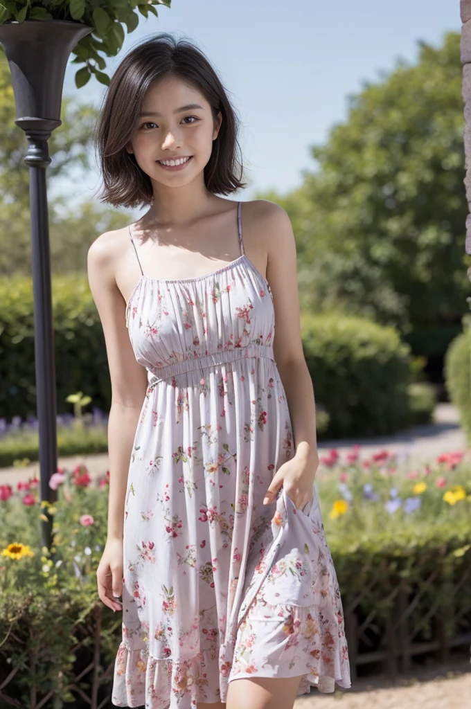 masterpiece, highest quality, disorganized, perfect anatomy, 1 girl, alone, pascal tales, short hair, beautiful, Hilarious, sunny day, botanical garden, Summer winds, sundress, Floral, wavy hair, smile