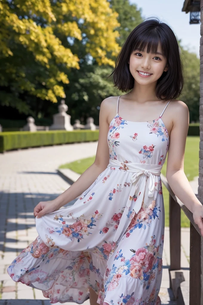 masterpiece, highest quality, disorganized, perfect anatomy, 1 girl, alone, pascal tales, short hair, beautiful, Hilarious, sunny day, botanical garden, Summer winds, sundress, Floral, wavy hair, smile