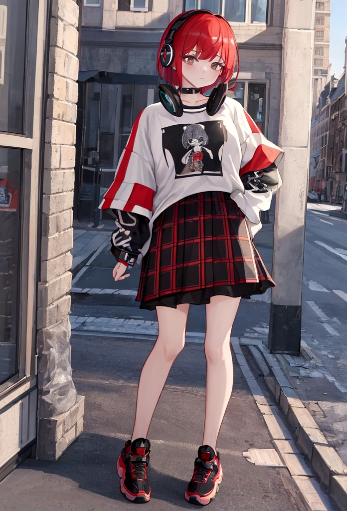 (8K, 4K, masterpiece, Very detailed:1.2), alone, Highest quality, , alone, One Girl, T-Shirts, Tea column sky light, Short Bob, Headphones, Earrings, Streetwear, graphic T-Shirts, Oversized jackets, red and black plaid skirt