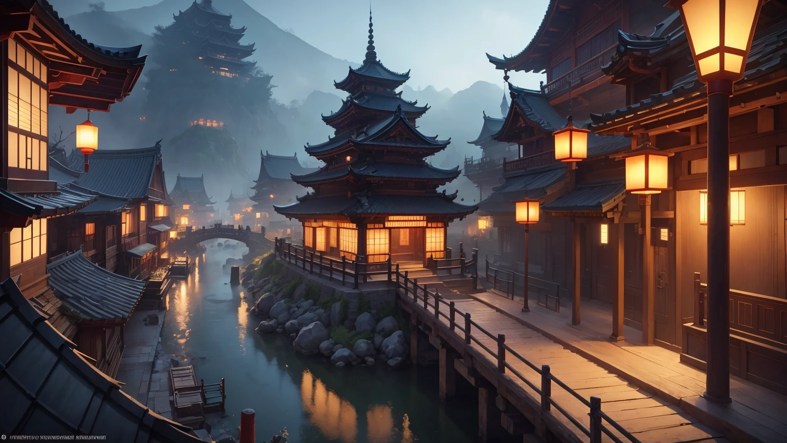 ((masterpiece)), (8k, high_resolution), (best quality), ultra-detailed, (blue lighting), chinese architecture, old chinese town, cinematic lighting, onmyoji detailed art, concept art magical highlight, background artwork, league of legends concept art, magical background, background art, entrance to ethereal realm, dota 2 concept art, riot games concept art, luminescent concept art, mysterious temple setting, magical concept art, odin's stone arena background, traditional japanese concept art, anime scenery concept art, onmyoji detailed art, japanese town, concept art stunning atmosphere, beautiful concept art, 2. 5 d cgi anime fantasy artwork, japanese city, a bustling magical town, dreamy chinese town, colorful kitsune city, beautiful detailed concept art