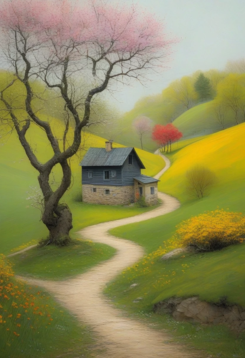 Minimalism,spring,Colorful woods and winding paths,Old man back,Small house in the distance