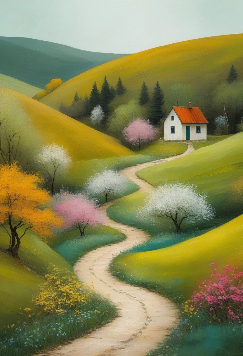 Minimalism，spring，Colorful woods and winding paths，Old man back，Small house in the distance